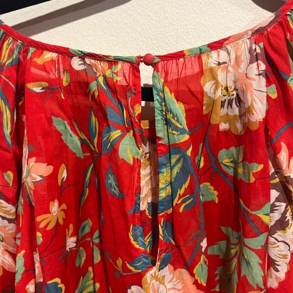 Anthropologie Red Crop Blouse with Relaxed Pleated Style